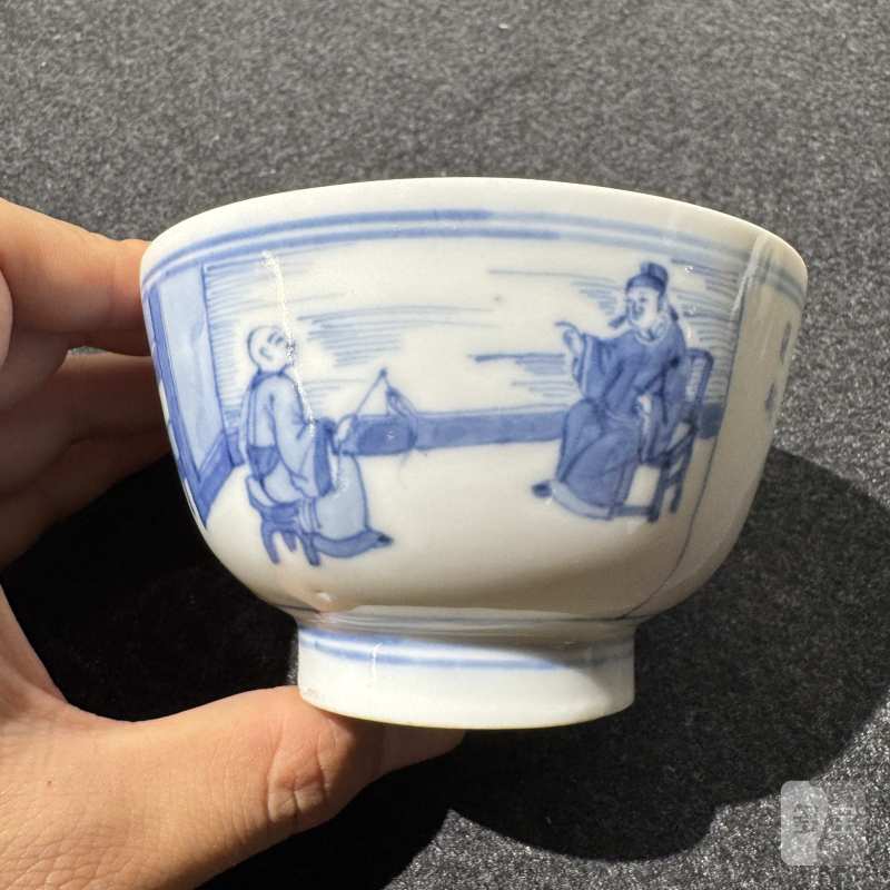 清康熙 青花人物故事诗文碗一对 - 图9